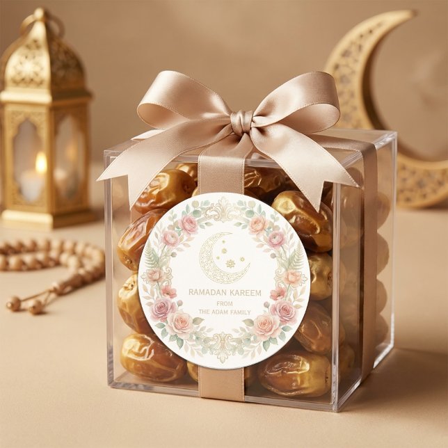 Ramadan Kareem Blush Floral Lantern Classic Round Sticker (#RamadanKareem #EidMubarak #RamadanDecor #IslamicDesign #RamadanSticker #EidGifts #MuslimArt #Ramada)