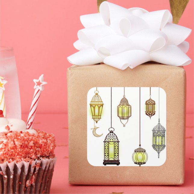 Ramadan Kareem Crescent Lanterns Mubarak Islamic  Square Sticker (Party)