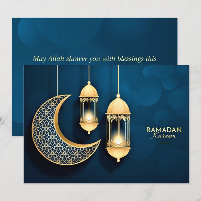 Ramadan Kareem Gold Crescent and lantern  Holiday Card (Front/Back)