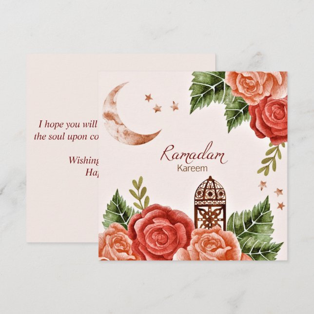 Ramadan Kareem  Watercolor Floral Crescent Lantern Holiday Card (Front/Back)
