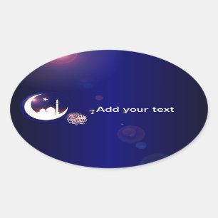 Ramadan Mosque in Crescent Moon with Fanous Blue Oval Sticker
