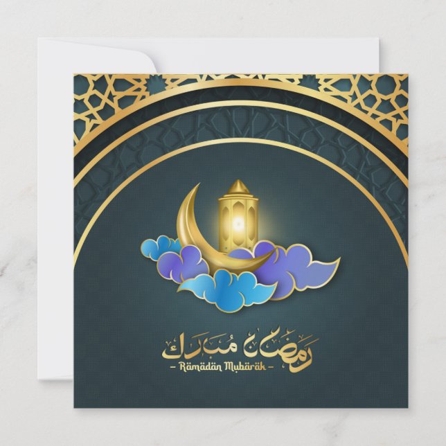 Ramadan Mubarak Blue Gold Crescent Islamic Lantern Holiday Card (Front)