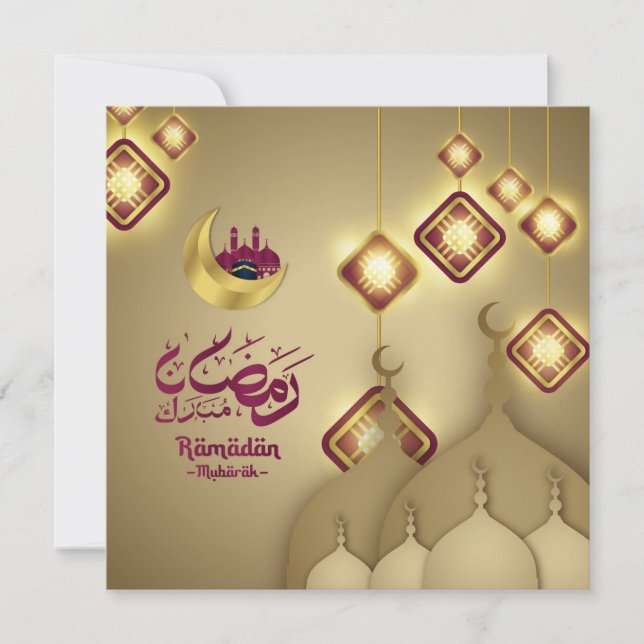 Ramadan Mubarak Crescent Mosque Purple Gold Holiday Card (Front)