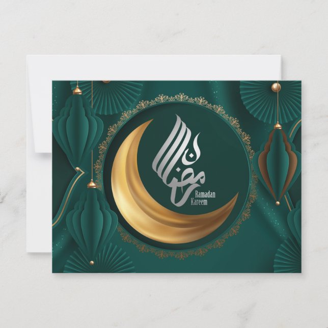 Ramadan Mubarak Gold Crescent Arabic Calligraphy  Holiday Card (Front)