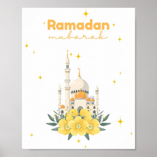 Ramadan Mubarak Mosque Yellow Flowers Wall Print  (Front)