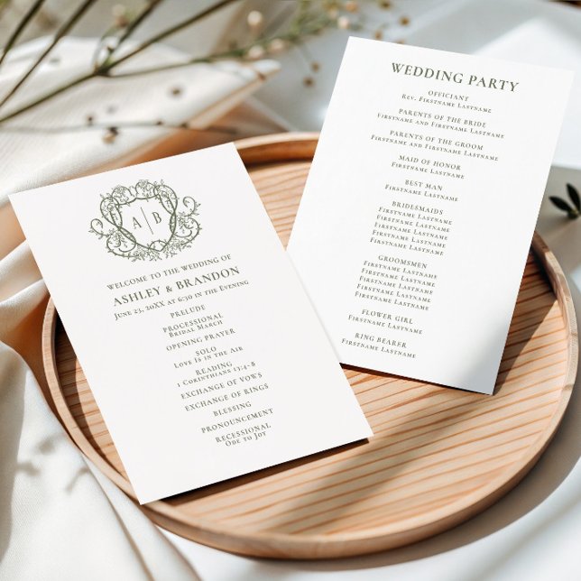 Rambling Rose Sage Crest Monogram Wedding Program (Creator Uploaded)