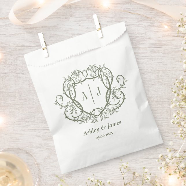 Rambling Rose Sage Monogram Crest Wedding Favour Bag (Clipped)