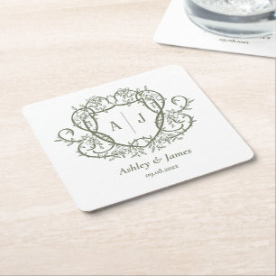 Rambling Rose Sage Monogram Crest Wedding Square Paper Coaster