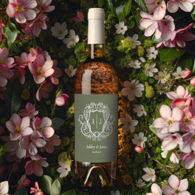Rambling Rose Sage Monogram Crest Wedding Wine Label (Creator Uploaded)