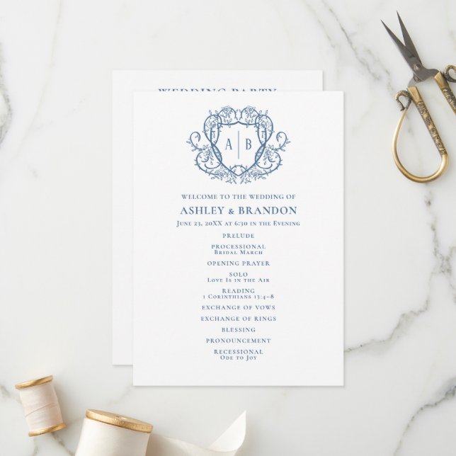 Rambling Rose Steel Blue Crest Monogram Wedding Program (Front/Back In Situ)