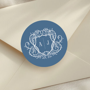 Rambling Rose Steel Blue Monogram Crest Wedding Classic Round Sticker