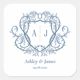 Rambling Rose Steel Blue Monogram Crest Wedding Square Sticker