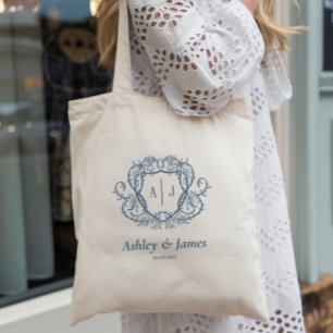 Rambling Rose Steel Blue Monogram Crest Wedding Tote Bag