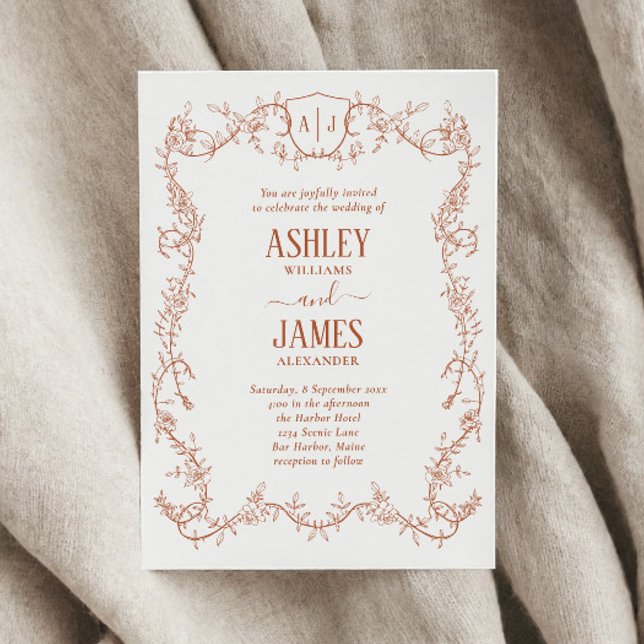 Rambling Rose Terracotta Monogram Crest Wedding Invitation (Creator Uploaded)