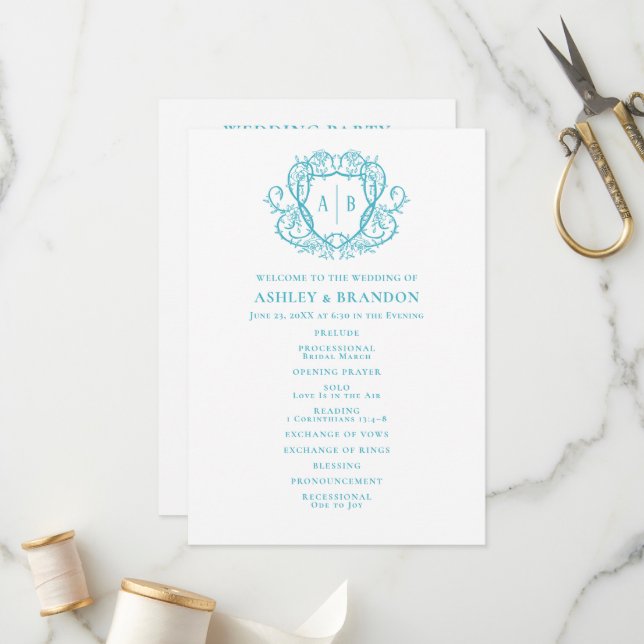 Rambling Rose Turquoise Crest Monogram Wedding Program (Front/Back In Situ)