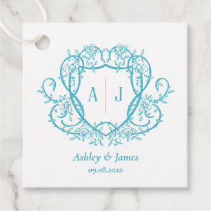 Rambling Rose Turquoise Monogram Crest Wedding Favour Tags