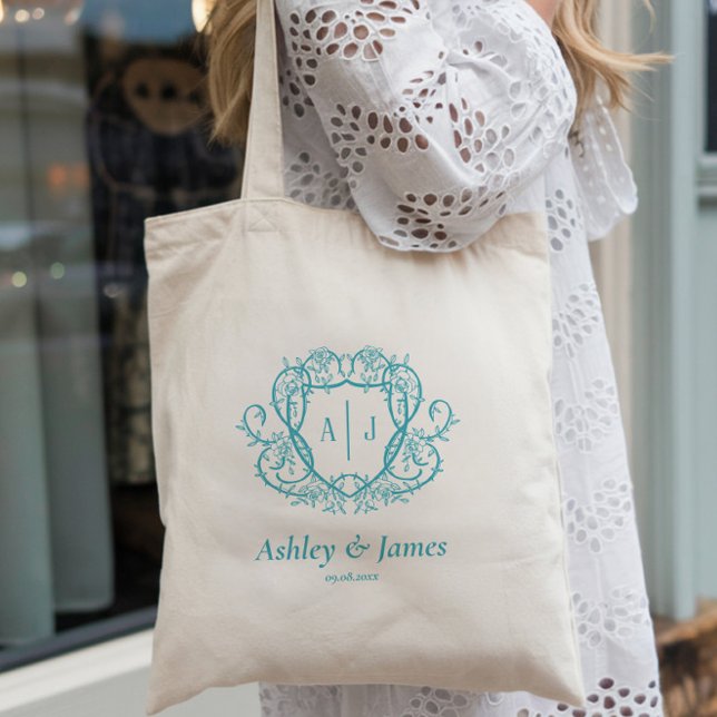 Rambling Rose Turquoise Monogram Crest Wedding Tote Bag (Creator Uploaded)