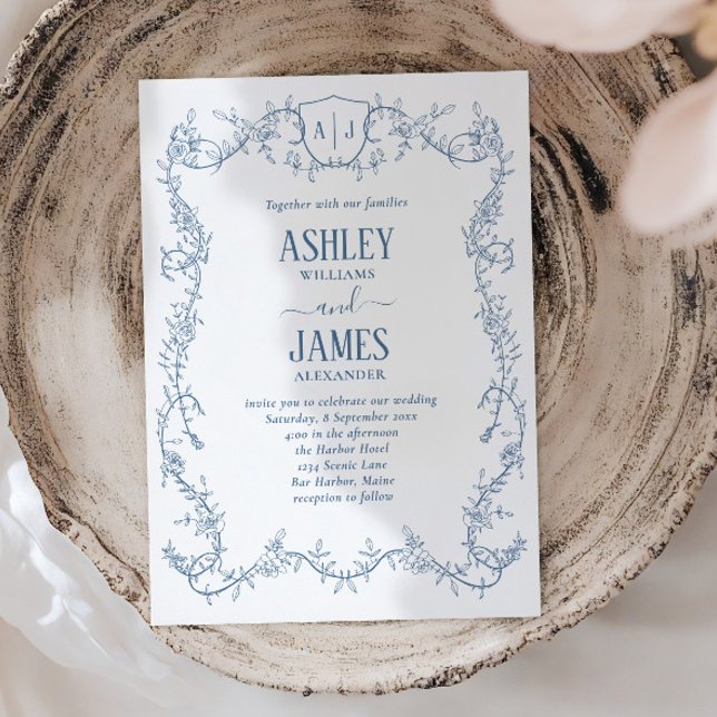 Rambling Rose Vine Blue Monogram Crest Wedding Invitation (Creator Uploaded)