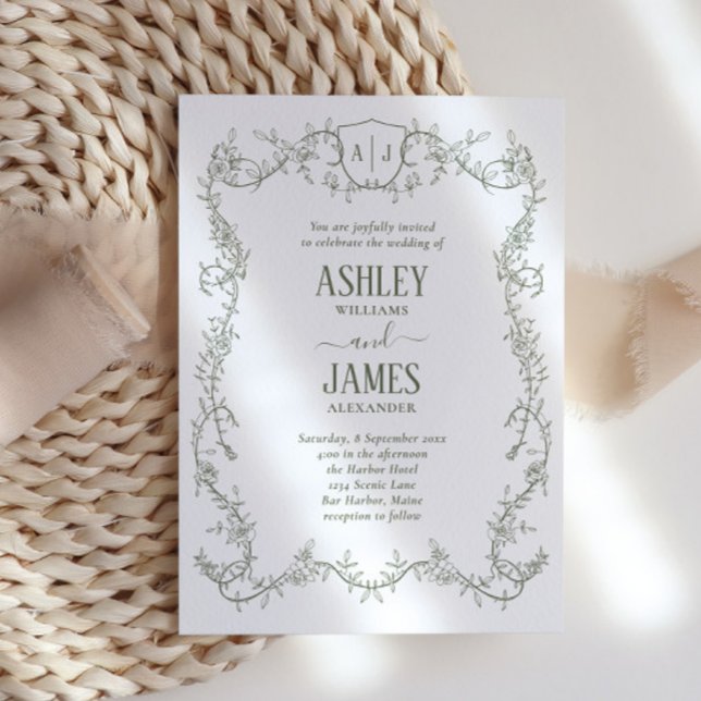 Rambling Rose Vine Sage Monogram Crest Wedding Invitation (Creator Uploaded)