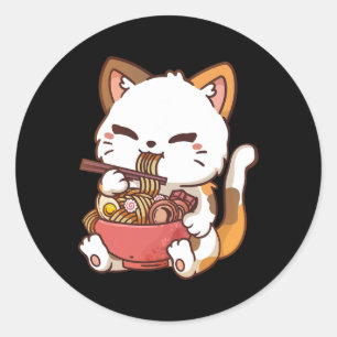 Ramen Cat Anime Kawaii Cat Eating Ramen  Classic Round Sticker