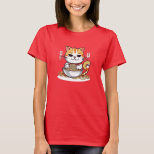 Ramen Cat Eating Noodles Design T-Shirt