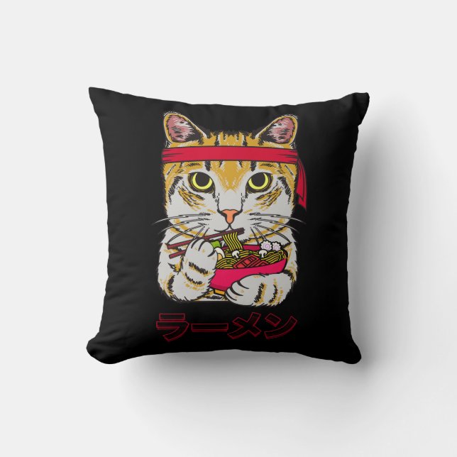 Ramen Cat Japanese Food Anime Kawaii Graphic Art J Throw Pillow (Front)