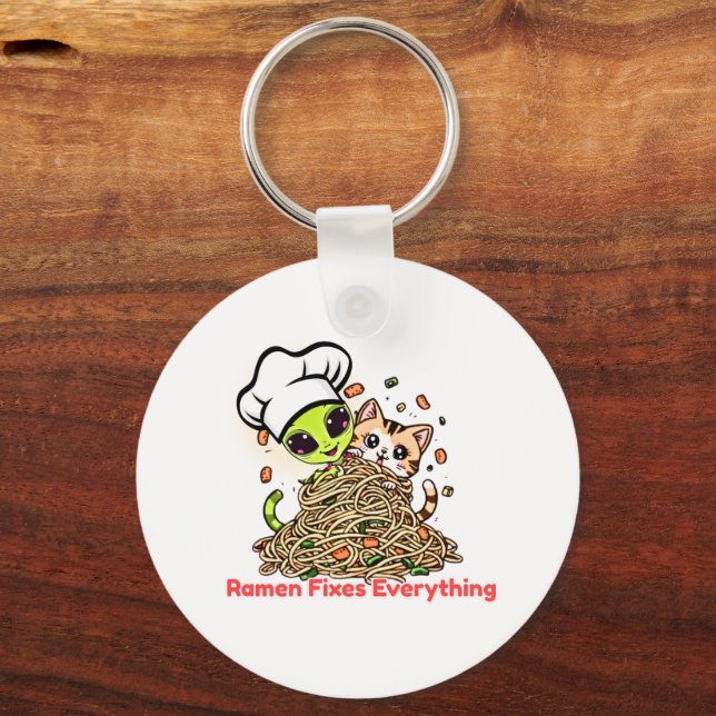 Ramen Fixes Everything Alien Chef Cat Keychain (Front)