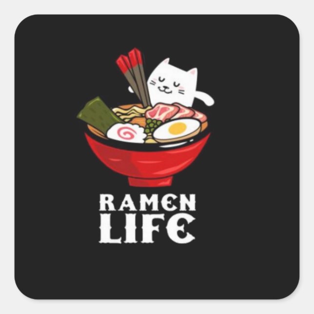 Ramen Life Cat Eat on Unisex Poly Cotton Square Sticker (Front)