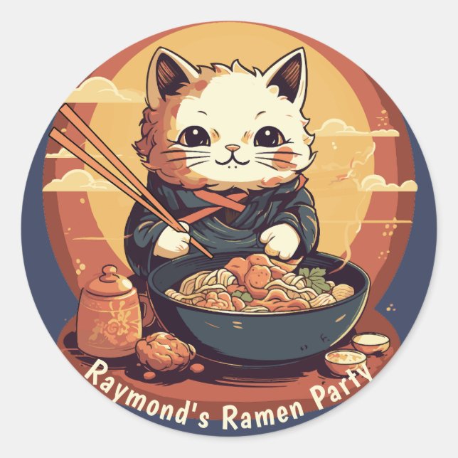 Ramen Party Birthday Party with Anime Cat Classic Round Sticker (Front)