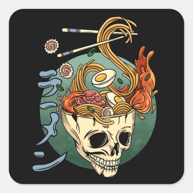 Ramen Skull Japanese Noodle Skull Anime Great Wave Square Sticker (Front)