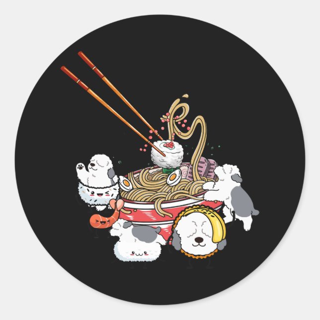 Ramen Sushi Old English Sheepdog Dog Japanese Food Classic Round Sticker (Front)