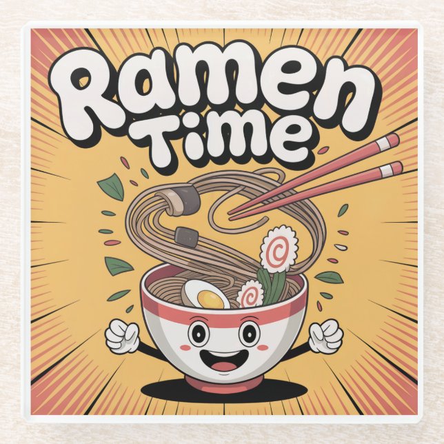 Ramen Time – Cute Cartoon Ramen Bowl Glass Coaster (Front)