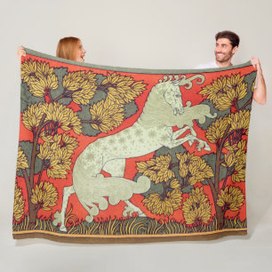 RAMPANT WHITE HORSE,TREES IN WOODLAND Art Nouveau Fleece Blanket