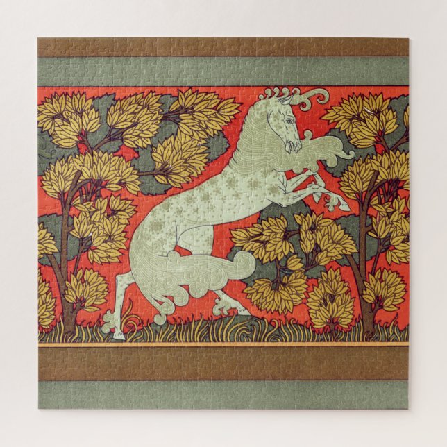 RAMPANT WHITE HORSE,TREES IN WOODLAND Art Nouveau Jigsaw Puzzle (Vertical)