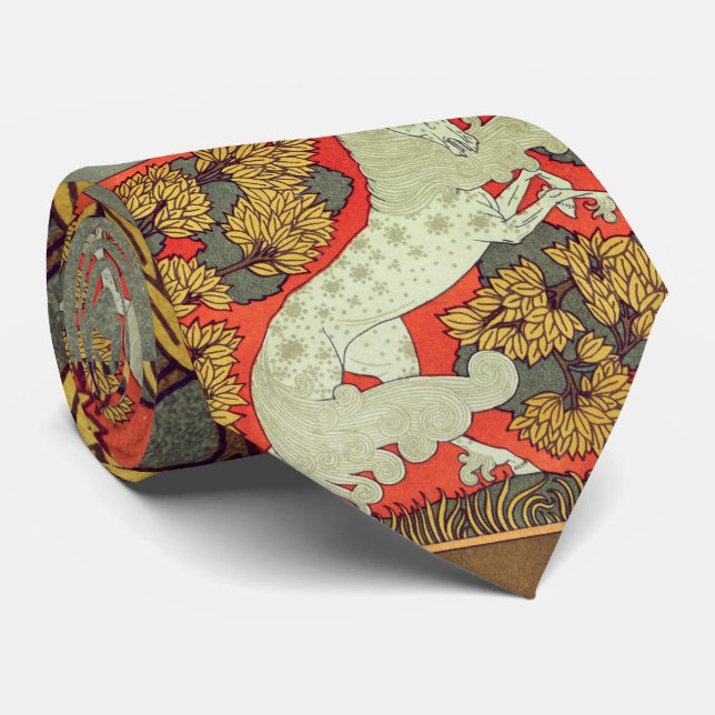 RAMPANT WHITE HORSE,TREES IN WOODLAND Art Nouveau Tie (Rolled)