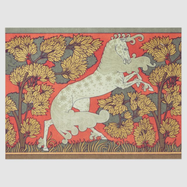 RAMPANT WHITE HORSE,TREES IN WOODLAND Art Nouveau Tissue Paper (Front)