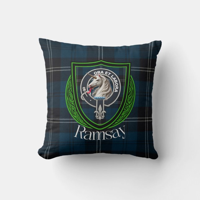 Ramsay Scottish Clan Tartan & Crest Throw Pillow (Front)