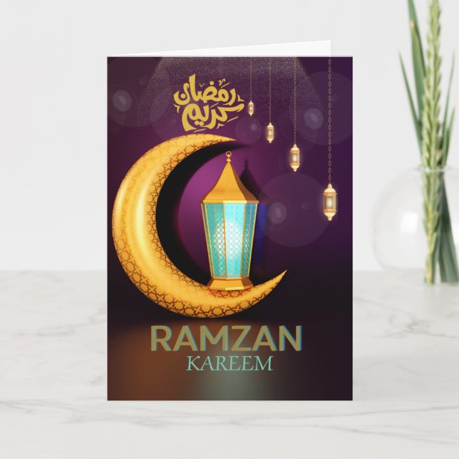 Ramzan Kareem Golden Moon With Lanterns Purple  Holiday Card (Front)