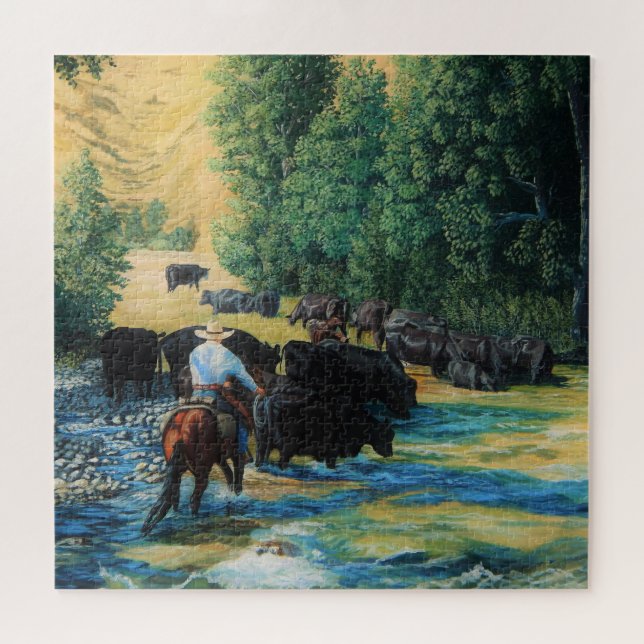 Ranch cattle drive Angus and horse at river Jigsaw Puzzle (Horizontal)