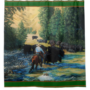 Ranch horse,Angus cattle herd at river - cartooned