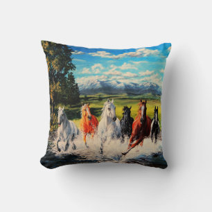 Ranch horses run through river landscape painting throw pillow