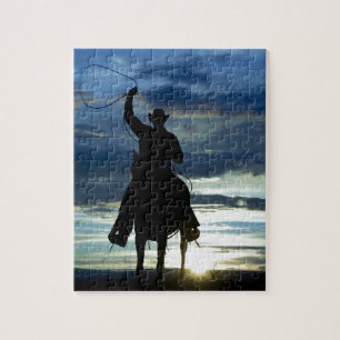 Ranch sunset horseback Riding cowboy silhouette Jigsaw Puzzle
