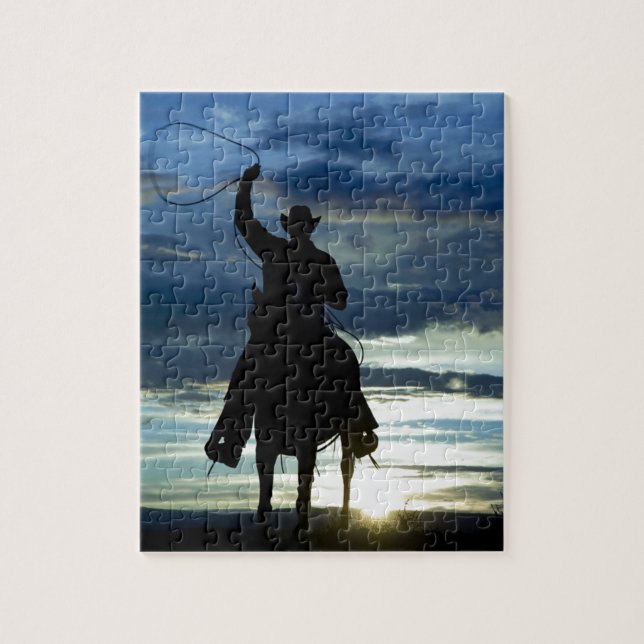 Ranch sunset horseback Riding cowboy silhouette Jigsaw Puzzle (Vertical)