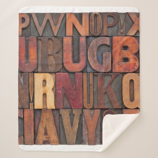 random alphabet letters - vintage letterpress wood sherpa blanket (Front)