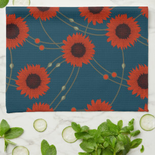 Random Art Nouveau Sunflowers Retro Floral Red Kitchen Towel