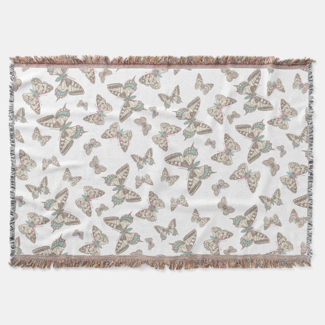 Random butterflies inked style white pattern throw blanket (Front)