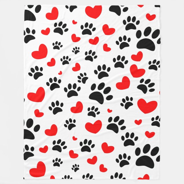 Random Cartoon Dog Paw Prints And Red Hearts Fleece Blanket (Front)