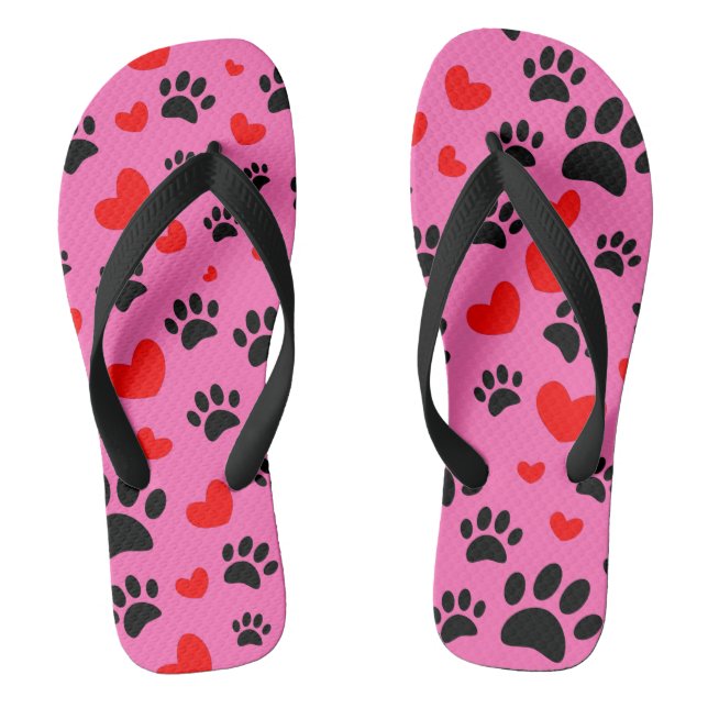 Random Cartoon Dog Paw Prints And Red Hearts Flip Flops (Footbed)