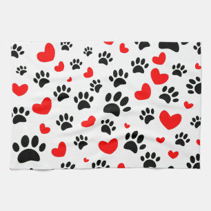 Random Cartoon Dog Paw Prints And Red Hearts Kitchen Towel