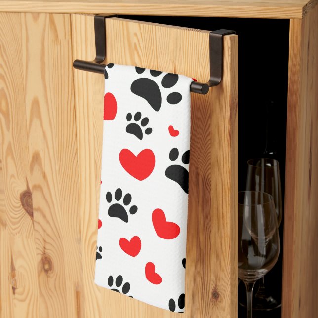 Random Cartoon Dog Paw Prints And Red Hearts Kitchen Towel (Thirds Fold)